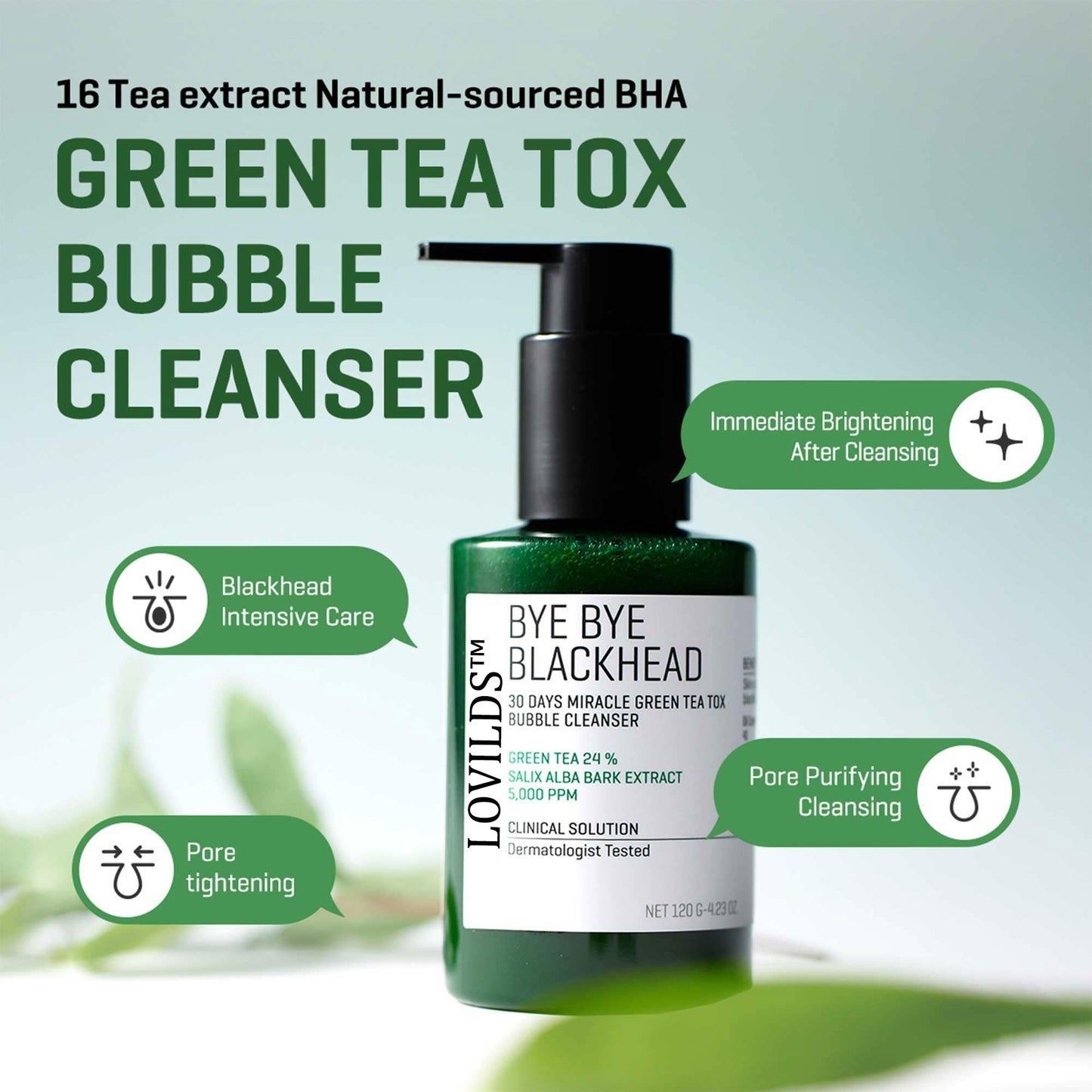 🍃 LOVILDS™ Bye Bye Blackhead Bubble Cleanser – 30-Day Miracle Green Tea Face Wash & Mask